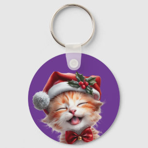 Cute Christmas Cat with Santa Hat and Bow Tie Key Ring