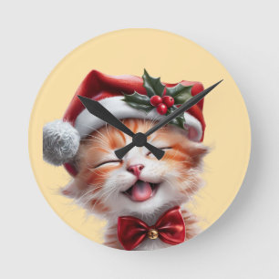 Cute Christmas Cat with Santa Hat and Bow Tie Round Clock