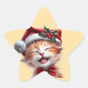 Cute Christmas Cat with Santa Hat and Bow Tie Star Sticker