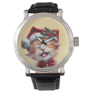 Cute Christmas Cat with Santa Hat and Bow Tie Watch