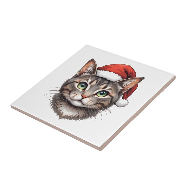 Cute Christmas Cat with Santa Hat Ceramic Tile (Side)
