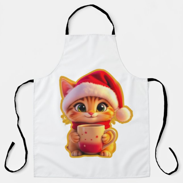**Cute Christmas Cat with Santa Hat – Funny Holida Apron (Front)