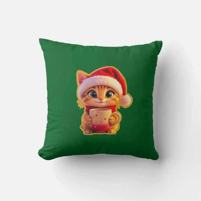 **Cute Christmas Cat with Santa Hat – Funny Holida Cushion (Front)