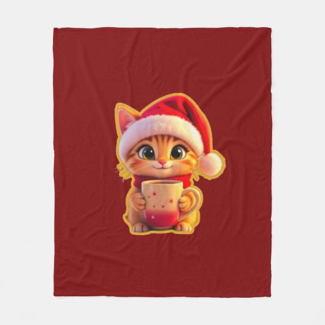 **Cute Christmas Cat with Santa Hat – Funny Holida Fleece Blanket (Front)