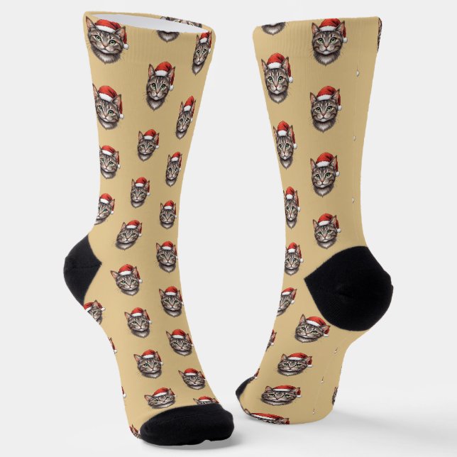 Cute Christmas Cat with Santa Hat Socks (Angled)