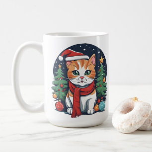 Cute Christmas Cat with Trees Festive  Coffee Mug