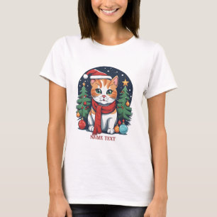 Cute Christmas Cat with Trees Festive T-Shirt