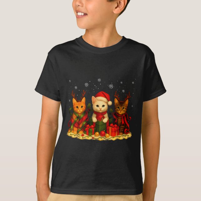 Cute Christmas Cat Xmas Lights Santa Reindeer Cat  T-Shirt (Front)