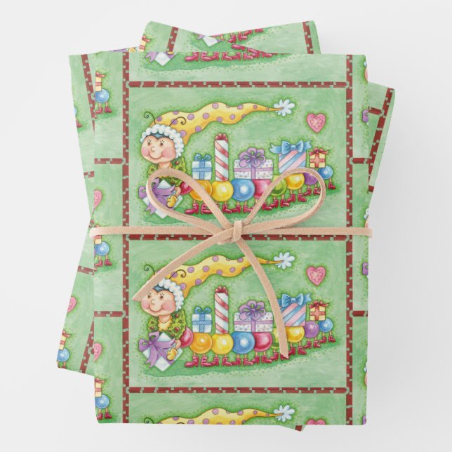 Cute Christmas Caterpillar Train with Presents Wrapping Paper Sheet (In situ)