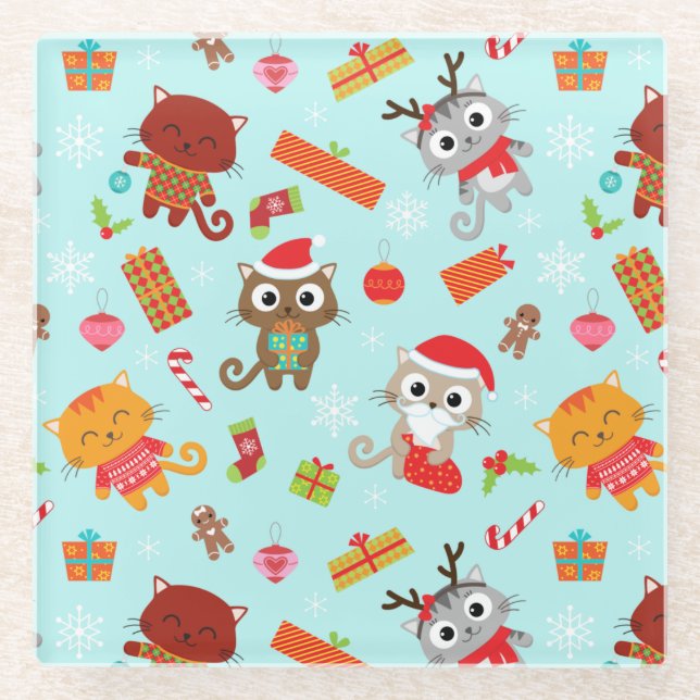 Cute Christmas Cats Glass Coaster (Front)