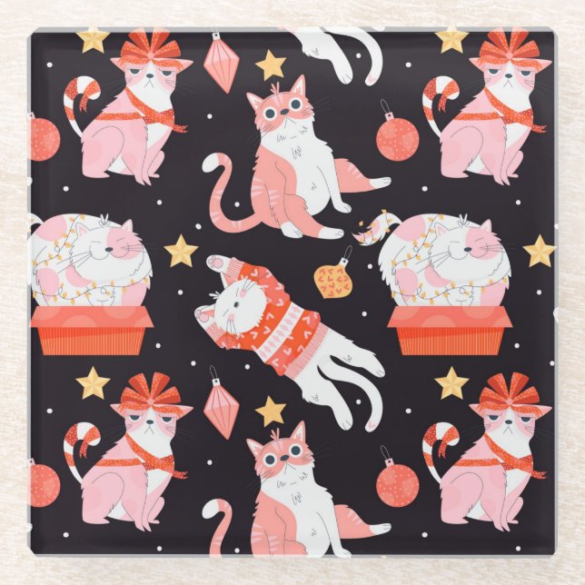 Cute Christmas Cats Glass Coaster (Front)