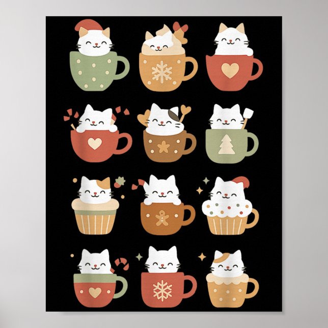 Cute Christmas Cats In Coffee C Kitten Santa Cat X Poster (Front)