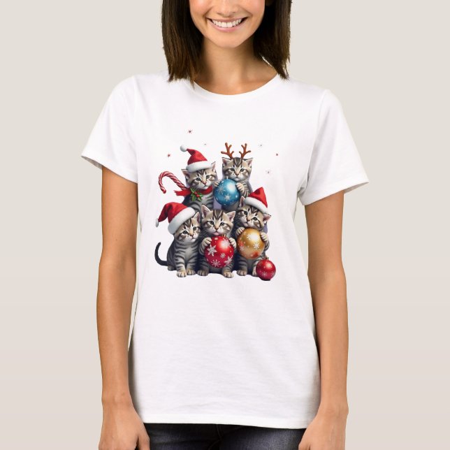 Cute Christmas Cats In Space Ornaments T-Shirt (Front)