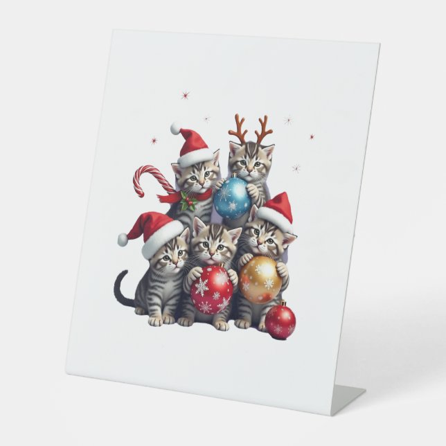 Cute Christmas Cats In Space Ornaments T-Shirt Pedestal Sign (Front)