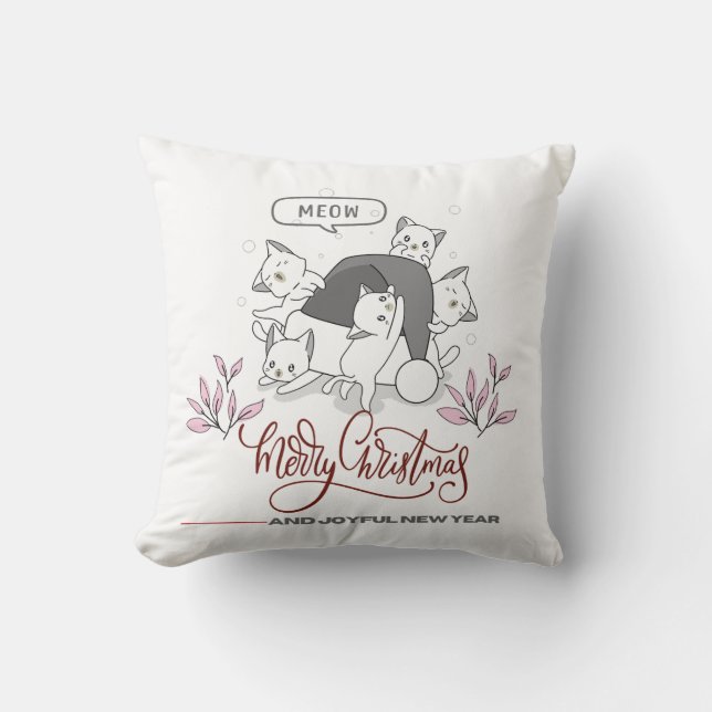 Cute Christmas Cats “Meow” Holiday Design Cushion (Front)