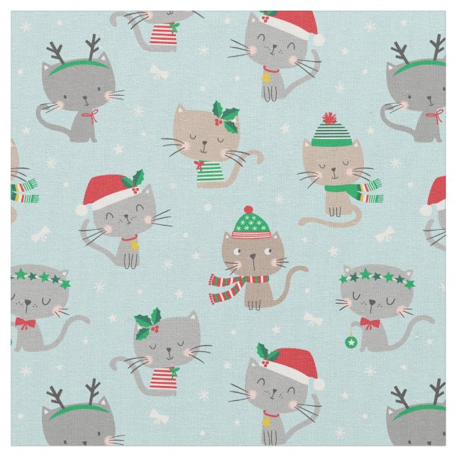 Cute Christmas Cats on light blue Fabric (Close Up)