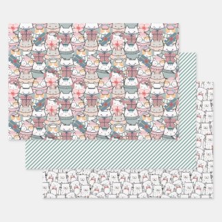 Cute Christmas Cats Pastel Wrapping Paper Sheet