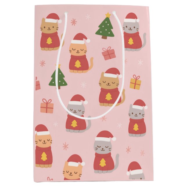 Cute Christmas Cats Pattern – Pink Holiday Design Medium Gift Bag (Front)
