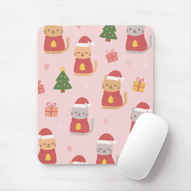 Cute Christmas Cats Pattern – Pink Holiday Design Mouse Pad (With Mouse)