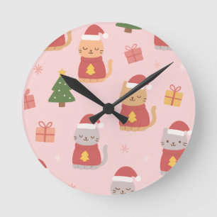 Cute Christmas Cats Pattern – Pink Holiday Design Round Clock