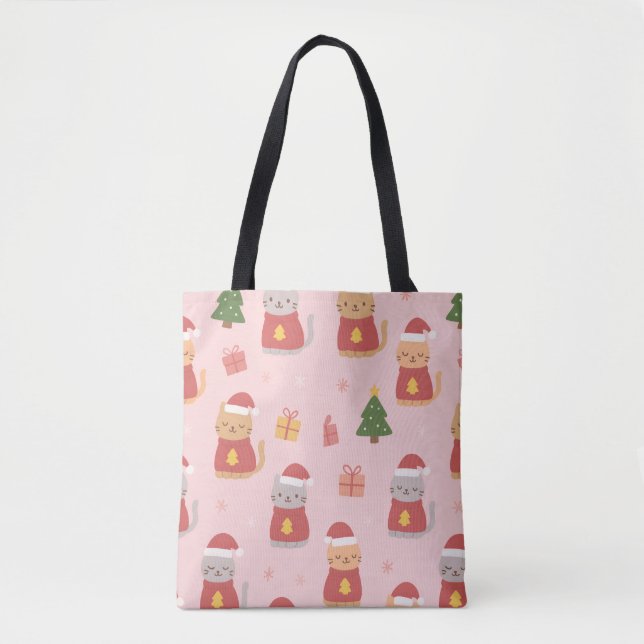 Cute Christmas Cats Pattern – Pink Holiday Design Tote Bag (Front)