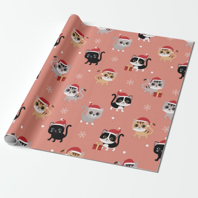 Cute Christmas Cats Pattern Wrapping Paper (Unrolled)