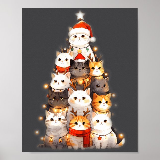 Cute Christmas Cats Tree Lights Holiday Kittens Il Poster (Front)