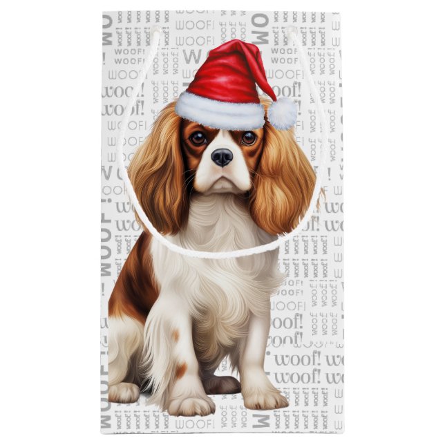 Cute Christmas Cavalier  Dog Holiday Woof Word Art Small Gift Bag (Back)