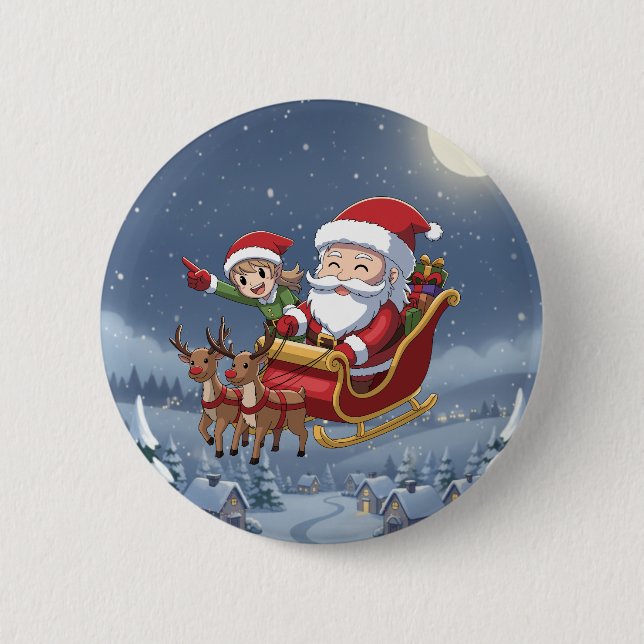 Cute Christmas Chibi Santa and Elf button (Front)