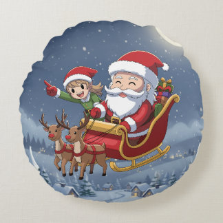 Cute Christmas Chibi Santa and Elf Round Pillow