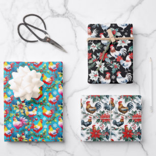 Cute Christmas Chickens Wrapping Paper Sheet