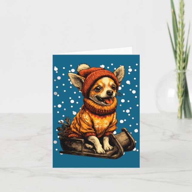 Cute Christmas Chihuahua Sledding In Snow Funny Wi Card (Front)