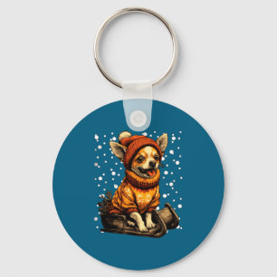 Cute Christmas Chihuahua Sledding In Snow Funny Wi Key Ring