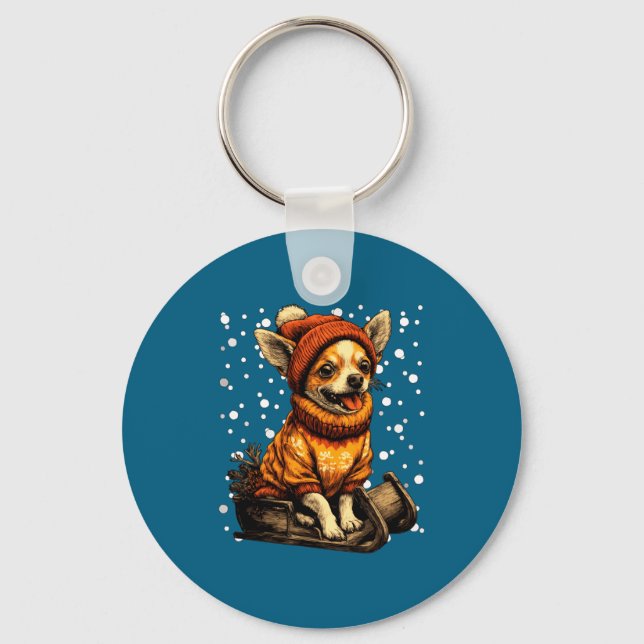 Cute Christmas Chihuahua Sledding In Snow Funny Wi Key Ring (Front)