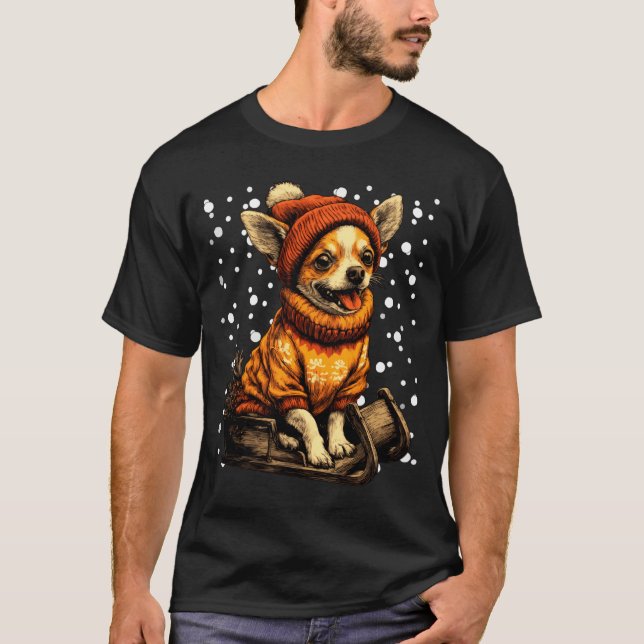 Cute Christmas Chihuahua Sledding In Snow Funny Wi T-Shirt (Front)