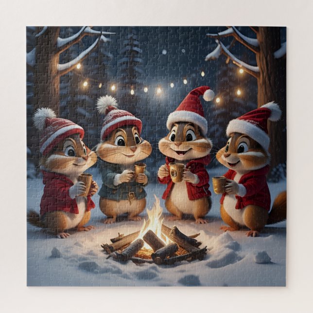 Cute Christmas Chipmunks Around a Campfire  Jigsaw Puzzle (Vertical)