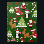 Cute Christmas Collage Design with Santa Notebook<br><div class="desc">Cute Christmas Collage Design with Santa,  Christmas Trees,  Reindeer,  Mistletoe,  Candy Canes,  winter penguins,  and stockings.  The background is green and the designs are in red,  green,  and pink colours. 

 "Merry Christmas" "Ho Ho Ho" "Christmas" "holidays" "Xmas" "Santa" "Santa Claus" "mistletoe" "happy holidays" "penguin" "reindeer" "winter"</div>