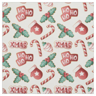 Cute Christmas Cookie Candy Cane Mitten Pattern Fabric