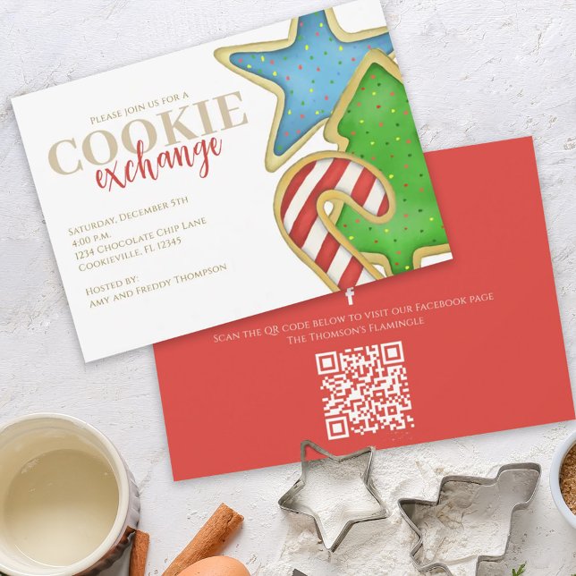 Cute Christmas Cookie Exchange Party Invitation (Christmas whimsical colorful cookie cutout invitation with QR code for social media sharing. )