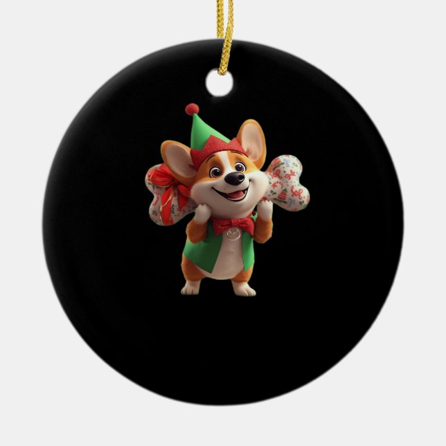 Cute Christmas Corgi Classic T-Shirt Ceramic Ornament (Front)