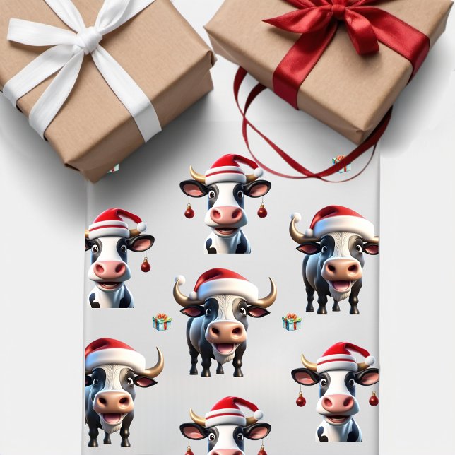 Cute Christmas Cow and Bull Plus Solids Green Red  Wrapping Paper Sheet (Creator Uploaded)