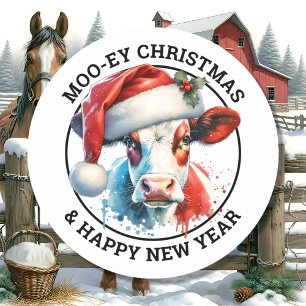 Cute Christmas Cow in Santa Hat Personalised Classic Round Sticker