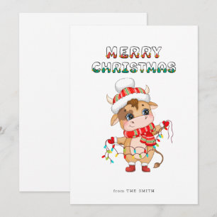 Cute Christmas Cow wearing winter costume Holiday Card