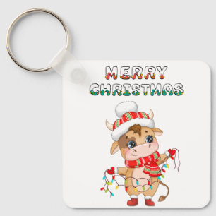Cute Christmas Cow wearing winter costume Key Ring