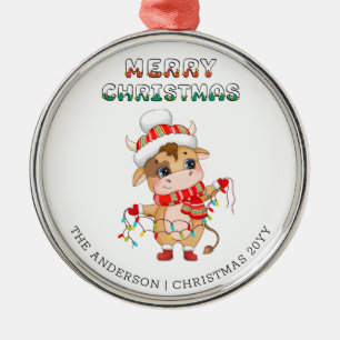 Cute Christmas Cow wearing winter costume Metal Ornament