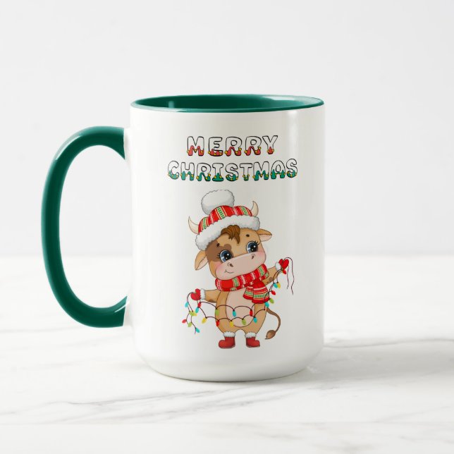 Cute Christmas Cow wearing winter costume  Mug (Left)