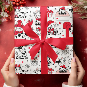 Cute Christmas Cows Red Black and White Wrapping Paper