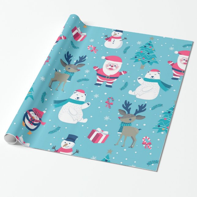 Cute Christmas Creatures Wrapping Paper (Unrolled)