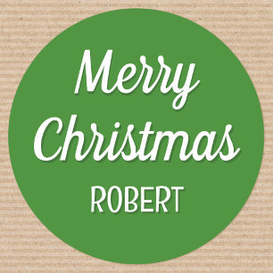 Cute Christmas Custom Kids Name Typography Green Classic Round Sticker