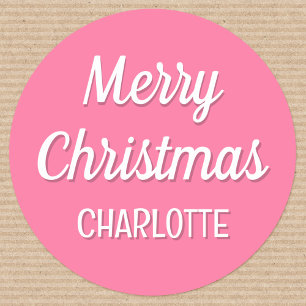 Cute Christmas Custom Kids Name Typography Pink Classic Round Sticker